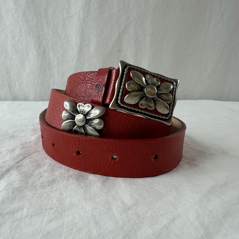 GARUGLIERI Vtg Y2K Genuine Leather Italy Belt Silver Red Sz XL Floral Medallions